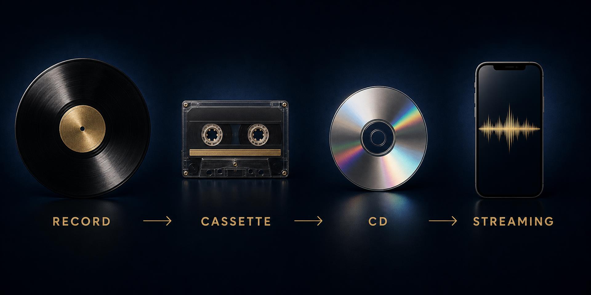 A vinyl record, cassette tape, CD and smartphone shown in sequence, illustrating how playback technology evolved